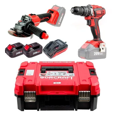 Akumuliatorinio suktuvo-gręžtuvo ir kampinio šlifuoklio WORCRAFT rinkinys 20V LI-ION (XCUBE dėžė)
