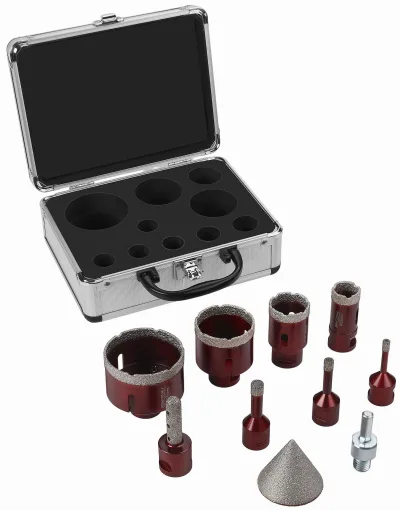 Deimantinių grąžtų (karūnų) rinkinys + kūginė freza KD12642