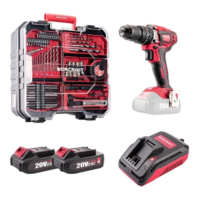 Akumuliatorinis suktuvas-gręžtuvas su kalimu WORCRAFT 20V LI-ION ir priedais 74vnt., 2x2.0Ah
