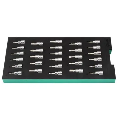 Padėklas. Galvučių su antgaliais rinkinys 3/8" (pl./PH/PZ/HEX/torx) 28vnt.