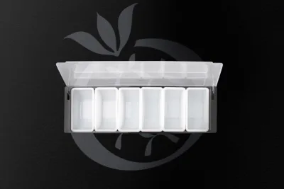 Plastikinė dėžutė kokteilių ingredientams 6 skyrių