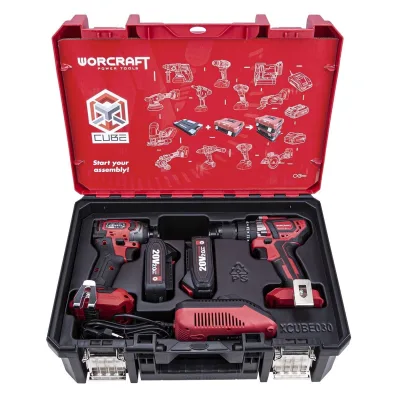 Akumuliatorinio suktuvo-gręžtuvo ir smūginio suktuvo WORCRAFT rinkinys 20V LI-ION (XCUBE dėžė)