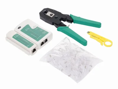 Tinklo įrankių rinkinys su testeriu, spaustuvu ir RJ45 kištukais KD10882