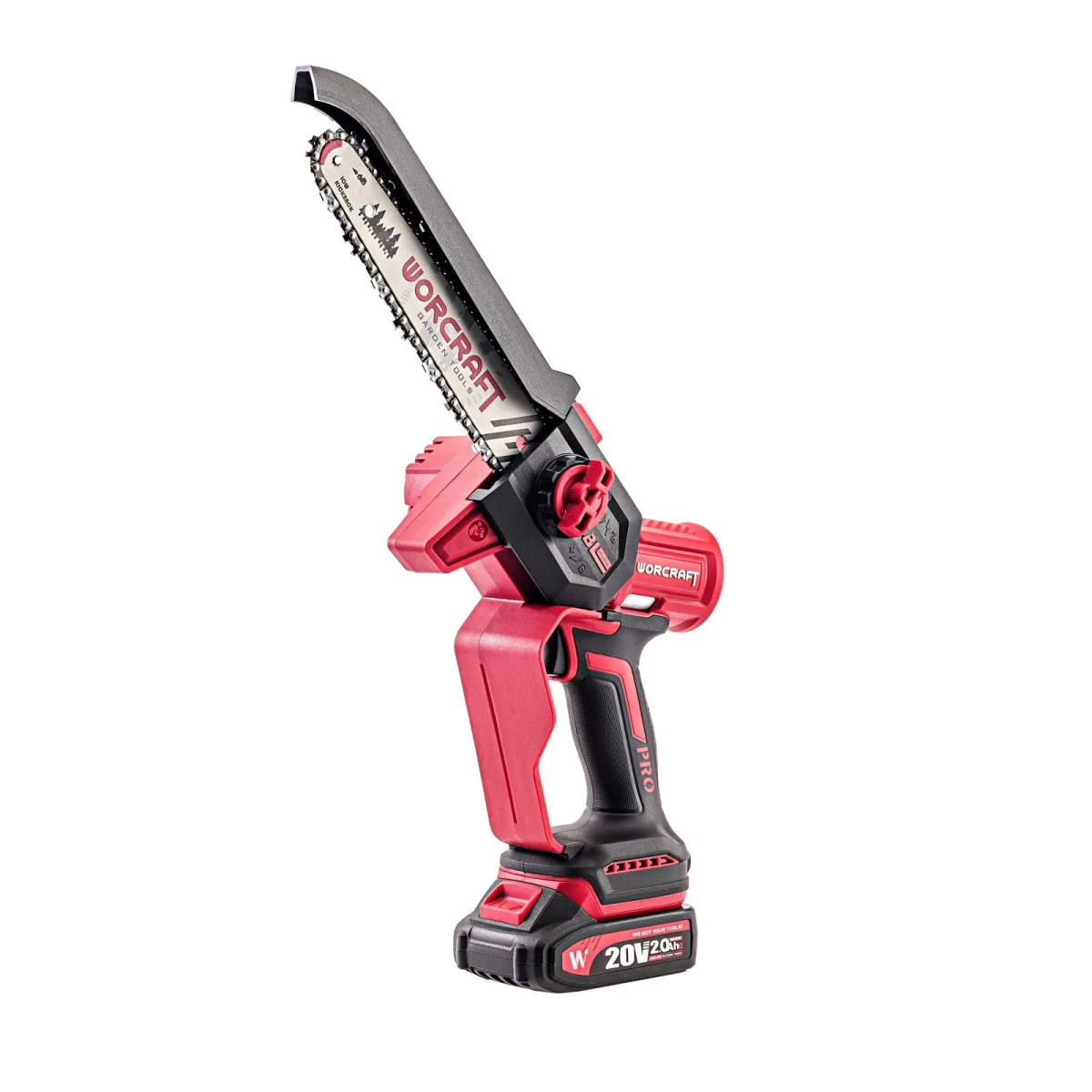 Akumuliatorinis grandininis mini pjūklas WORCRAFT 8" 20V LI-ION 2x2.0Ah (pl.dėž.)